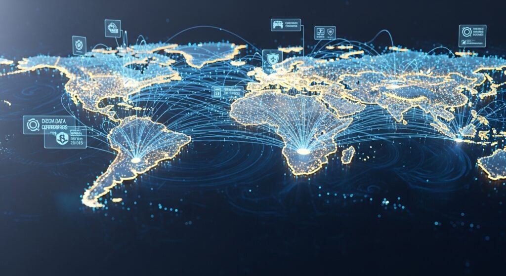 전 세계 데이터 노드가 연결되어 기술 표준을 공유하는 모습을 형상화한 글로벌 네트워크 지도